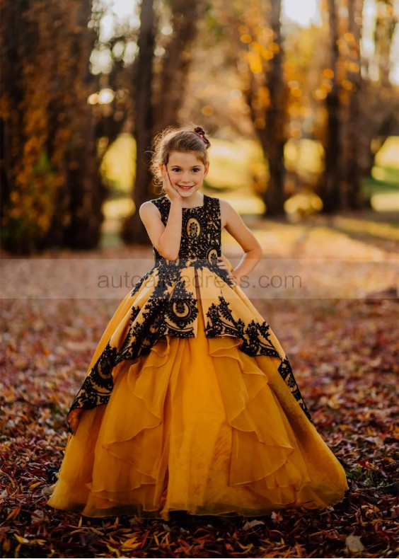 Gold Satin Black Lace Stunning Flower Girl Dress